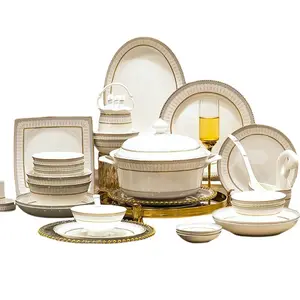 Conjunto de pratos e pratos de porcelana de osso leve e luxuosa com borda dourada