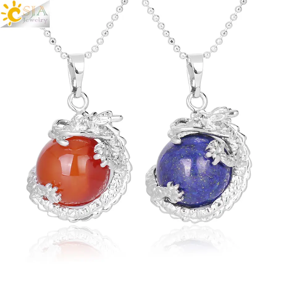 CSJA hot selling silver color dragon wrapped amethyst lapis gemstone round ball pendant necklace chain for men wholesale F331