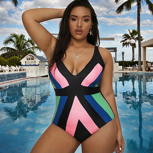 ชุดว่ายน้ำบิกินี่เอวสูงขายดี ไซส์ใหญ่ ลายพิมพ์สีสันตัดกัน ชุดวันพีซ 2 ชิ้น - Product Image 2