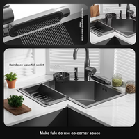 Évier d'angle de cuisine en acier inoxydable 304 noir nano-texturé en forme de L de 650*650 mm, adapté au design d'espace d'angle de cuisine.