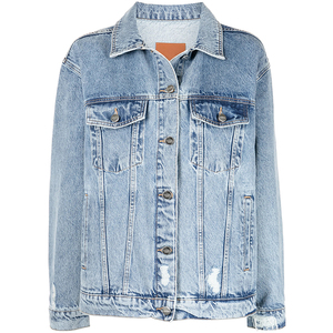Blouson de camionneur <span class=keywords><strong>en</strong></span> <span class=keywords><strong>jean</strong></span> pour <span class=keywords><strong>femme</strong></span> personnalisé bleu clair surdimensionné lavage lourd détruit bouton manches longues Streetwear automne hiver - Product Image 5