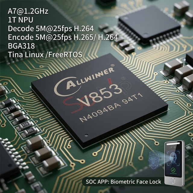 Allwinner V853 AI IC Chip 1T NPU A7+RSIC-V 1.2G 600MHz RTOS/Linux IPC 2026 Biometric Face Lock -20-70C LFBGA318-12x12mm
