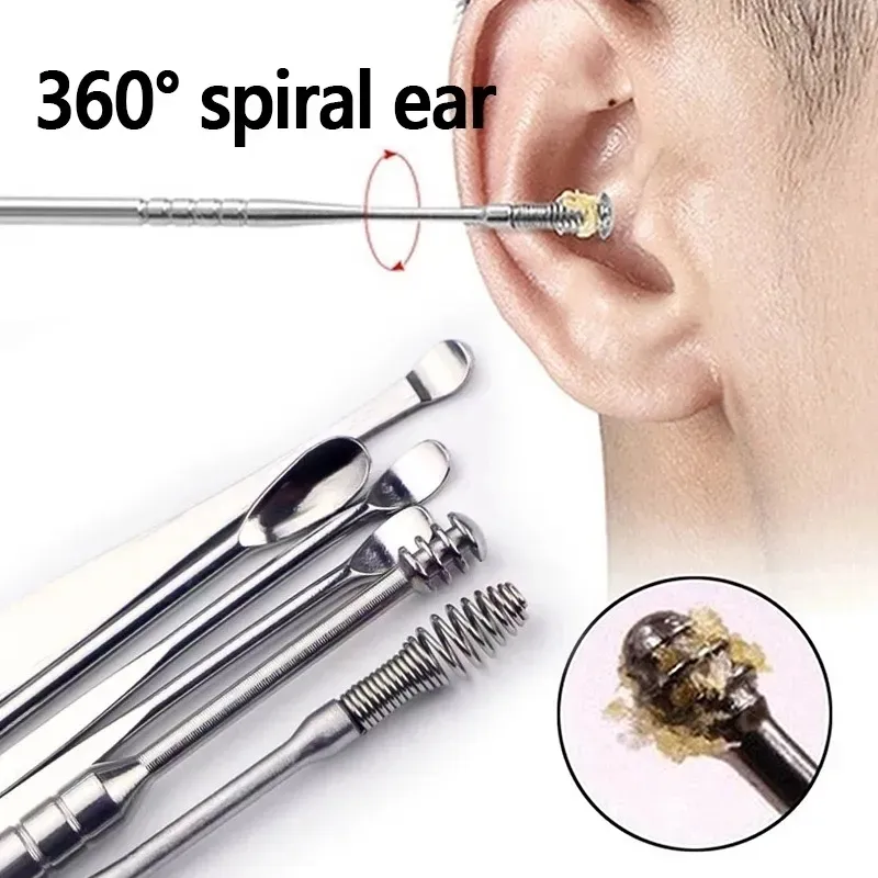 Set Pembersih telinga Spiral baja tahan karat 6 buah alat perawatan telinga Pembersih kotoran telinga Spiral baja tahan karat portabel R0736