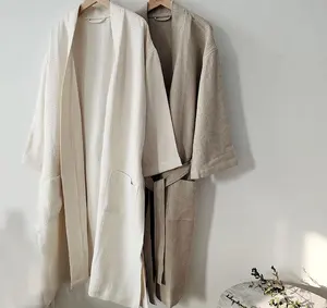 Высококачественная вафельная льняная потертая 100% чистая льняная Пижама Халат с карманами простой Повседневный стиль банный Халат