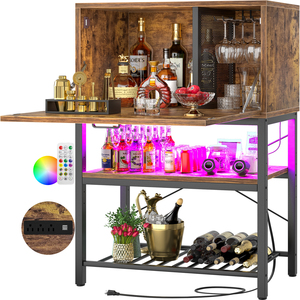 Meuble bar en bois convertible avec prises LED, design moderne à 4 niveaux, porte-<span class=keywords><strong>vin</strong></span> et spiritueux haut pour la maison, la cuisine ou la salle à manger - Product Image 1