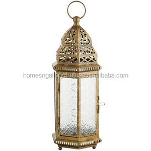 Ramadan โคมไฟโลหะหกเหลี่ยมชุบทองพร้อมโคมไฟเทียนแก้วลวดลายน้ำ - Product Image 5