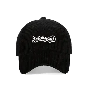 Gorra de béisbol de pana negra con bordado estructurado, gorra de béisbol deportiva de 6 paneles, gorras de béisbol lisas de hip hop para papá