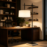 Lampe sur pied en fer forgé de style moderne, structure supérieure abstraite noire, abat-jour en tissu blanc, base en marbre, lampe sur pied pour salon