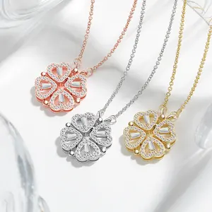 Four Leaf Clover Necklace Folding Heart Necklace Two Ways Wearing Charm Necklace Gold Plated Choker Chain Fine Jewelry