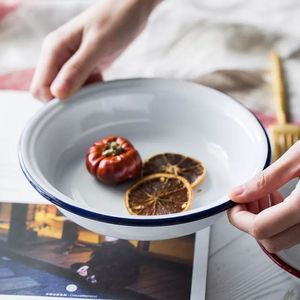 OEM high quality food grade non toxic round personalized private label big large white enamel steel metal food pie dish tray