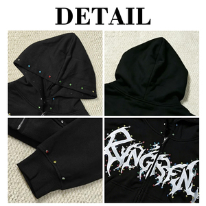 Sweat à capuche zippé pour homme, style gothique original personnalisé, avec logo, imprimé strass, coupe oversize et épaules tombantes, streetwear - Product Image 4