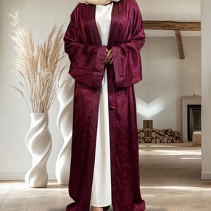 Super Sale 9.9USD Abaya Fashion Feather Print Smooth Satin Loose Cardigan Women Open Abaya <b>Kaftan</b> Islamic Clothing 1948# - Product Image 6