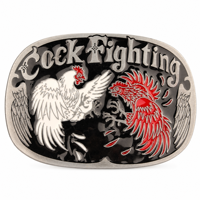 Boucle de ceinture ovale en émail noir avec motif de coq de combat et cadre argenté pour ceintures en cuir