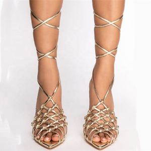 <b>Sexy</b> Pointy Toe Cross-tied Ankle Strap Sandals Stiletto Lady's <b>Heel's</b> Shoes Outdoor Dress Gold Green Women Shoes Big Size 43 - Product Image 2