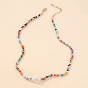 Boho Colorful Seed Bead Chain Jewelry for Women/Men Summer Irregular Imitation Pearl Choker Necklace Jewelry
