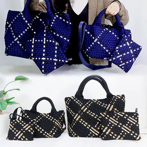 Neoprene Woven Bag High Quality Handmade Woven Handbag 2pcs Set Women Straw Shoulder Bag Summer Beach Large Neoprene Tote Bag