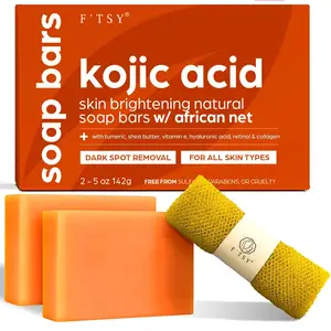 Sabun asam Kojic Label pribadi dengan spons jaring Afrika penghilang noda gelap sabun buatan tangan kunyit asam hialuronat Sabun VC Barth