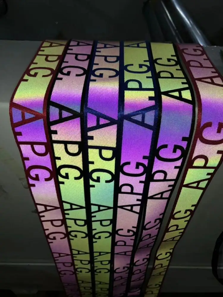 sewn on rainbow iridescent color hi viz pattern polyester fabric reflective ribbon strips retroreflective traffic clothing tape