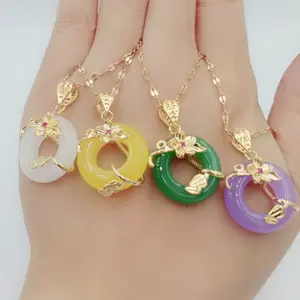 Multicolor Round Jade Pendant Necklace Gold Plated Stainless Steel Flower Jade Necklace for Women