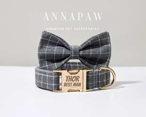 Ensemble personnalisé pour chien : laisse grise unie à rivets, collier gravé pour chiot, nœud papillon pour cadeau de mariage, gravure de nom gratuite - Product Image 2