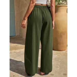 Fisoew Womens Wide Leg Pants Mid Waist Elastic Drawstring Casual Cotton Canvas Breathable Loose Fit Summer Wear - Product Image 5