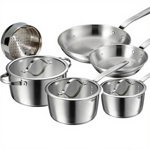 Juego de Utensilios de Cocina de Acero Inoxidable de 9 Piezas con Base Tri-Ply <span class=keywords><strong>Tempo</strong></span>, Tapas de Vidrio, Ollas y Sartenes Aptos para Inducción y Horno, Suministro de Fábrica OEM - Product Image 1