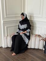 Abaya Hafizah en dentelle noire avec hijab, robe musulmane pour femme, bordure blanche, motif géométrique, style Dubaï, robe islamique modeste pour l'Aïd