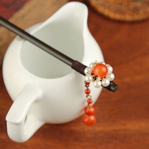 Horquilla de madera con perlas para mujer, estilo chino, con borlas de flores, accesorios elegantes para el cabello - Product Image 4