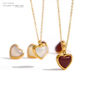 JINYOU 873 Romantic Chic Heart Pendant Necklace Earrings Natural Stone Agate Jewelry Set Stainless Steel Bijoux