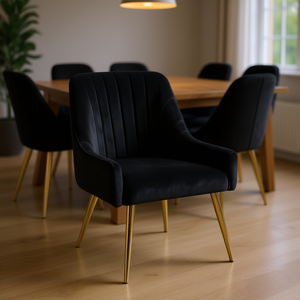 Sedia da Pranzo Homeera in Velluto Nero con Gambe Dorate, Schienale Grande con Pieghe, Stile Mid-Century Moderno, Arredamento per la Casa - Product Image 2