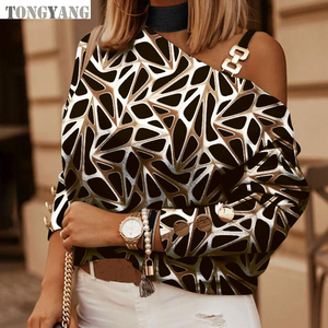 Tongyang nouvelle mode à manches longues diagonale épaule chaîne haut décoratif <span class=keywords><strong>Blouse</strong></span> femme hors épaule hauts chemises <span class=keywords><strong>Blouse</strong></span> haut pour femme - Product Image 6