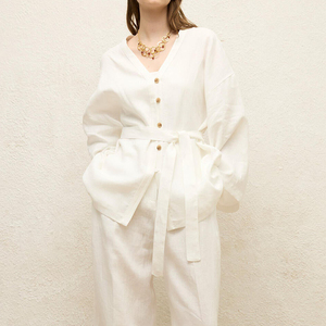 Camicie in Lino per Donna all'Ingrosso, Camicia Casual in Cotone a Maniche Lunghe, Bluse Larghe <span class=keywords><strong>con</strong></span> <span class=keywords><strong>Cintura</strong></span> per Signore - Product Image 1