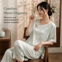 Ensemble de pyjama en soie de mûrier pour femmes, style chinois, été, manches courtes, pantalon long, vêtements de nuit, vêtements de détente