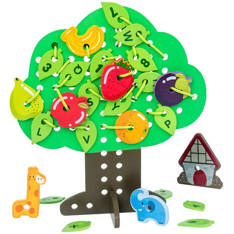 लकड़ी फलों के पेड़ स्ट्रिंग मोती खेल बच्चों वर्णमाला और संख्या पहेली खिलौने लकड़ी के खिलौने बच्चों के लिए मोंटेसरी