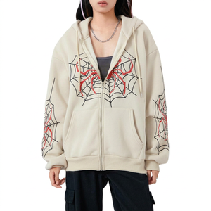 Sudadera con capucha extragrande de forro polar con cremallera, antipilling, estampado de telaraña, 100% algodón, tejido de punto, informal, para invierno, unisex, corte holgado - Product Image 1