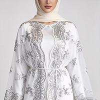 Weißes Pailletten-Besticktes Pfingstrosen-Open-Cardigan mit Quastengürtel, Netz-Patchwork, Rüschen und Rundhalsausschnitt - Elegantes Damenkleid für Alltag und Freizeit