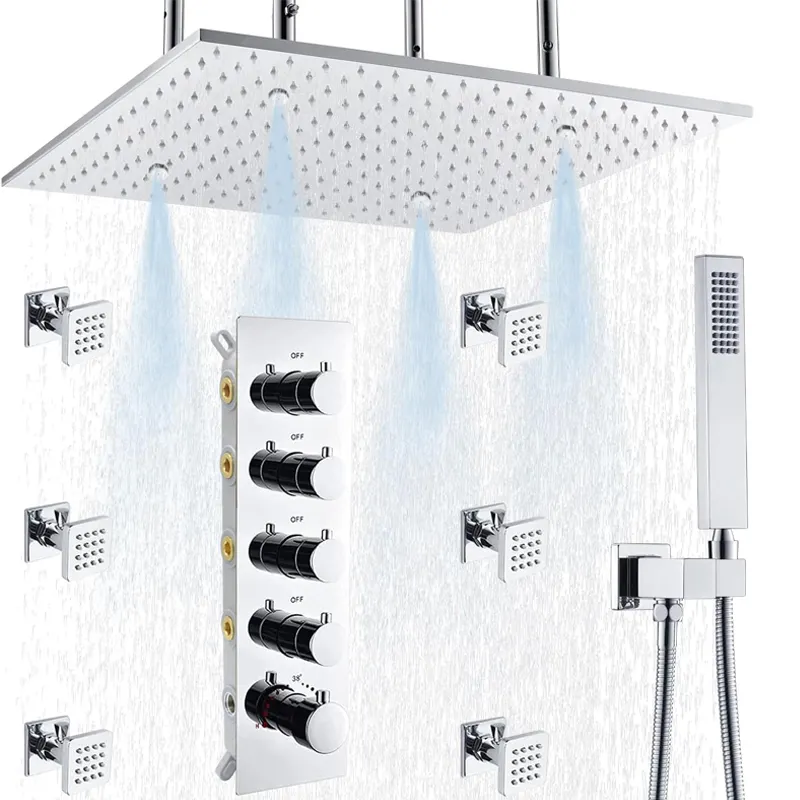 Rain hand shower system 16-inch chrome thermostatic 4 functions luxury shower system wall mounted with 6 body jets
