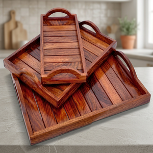 Ensemble de 4 plateaux de rangement rectangulaires en bambou, design minimaliste verni, empilables, multifonctionnels, pour la vaisselle, pour la maison et la cuisine - Product Image 3