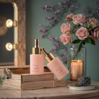 Flacon compte-gouttes cosmétique en verre de luxe de 30 ml (1 oz), forme ronde rose, avec bouchon en caoutchouc doré, pour huile essentielle, sérum, soin de la peau, emballage en boîte