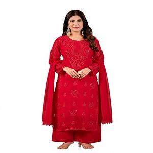 <b>Women</b> Traditional Red Embroidered Ankle-Length <b>Kurta</b> Set With Dupatta <b>For</b> Wedding India Pakistan Style - Product Image 1