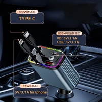 120W USB C éclairage charge rapide 4 en 1 chargeur de voiture rétractable 2 câbles pour voiture universelle lumière ambiante Auto toit étoile lumière