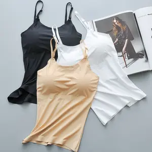 Long Cami With Built in Shelf Bra Adjustable Strap Women Layering basic  tank top 