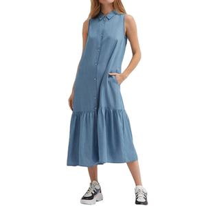 <span class=keywords><strong>2022</strong></span> <span class=keywords><strong>verano</strong></span> sin mangas mujeres <span class=keywords><strong>vestidos</strong></span> casuales pantalones <span class=keywords><strong>vaqueros</strong></span> largos vestido Midi cuello extendido botón frontal aunque volante dobladillo vestido de mezclilla - Product Image 1