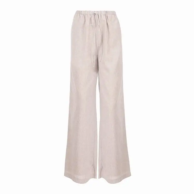 Fashion Wear Drawstring Cotton Linen 2 Piece Casual Women Tops Summer Elastic Waist Loose Wide Leg Bottom Two Piece Pants Set