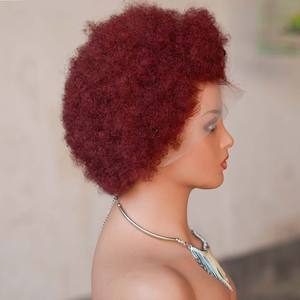 <span class=keywords><strong>Precio</strong></span> al por mayor en pelucas sin pegamento de cabello humano con rizos afro cortos, rizos naturales, hechas a máquina, con flequillo, encaje frontal, 99J, gorra pequeña - Product Image 5