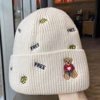 Bonnet Tricoté Automne-Hiver pour Femmes et Hommes, Béret Coupe-vent Tendance avec Motif Ours et Lettres Brodées Polyvalentes
