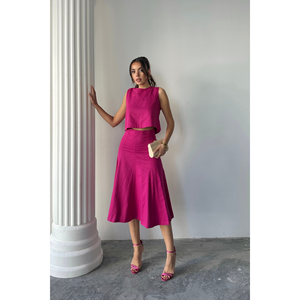 Ensemble deux pièces pour femme : Blouse sans manches en gabardine et jupe cloche fuchsia, taille S - Product Image 3