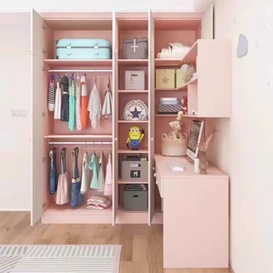 Ensemble de meubles de chambre d'enfant rose et blanc, armoire et bureau combinés, en bois massif, moderne, minimaliste, écologique et durable - Product Image 3