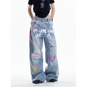 Pantalones vaqueros holgados de alta calidad para mujer, pantalones vaqueros holgados pintados a mano con dibujos animados azul claro para mujer, pantalones vaqueros informales con estampado 3D para mujer - Product Image 2