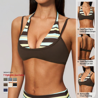 Sport Bra Wanita 2 in 1 Warna Blok Halter Neck Multi Strap Fitness Custom OEM Yoga Bra Pakaian Gym Pakaian Olahraga